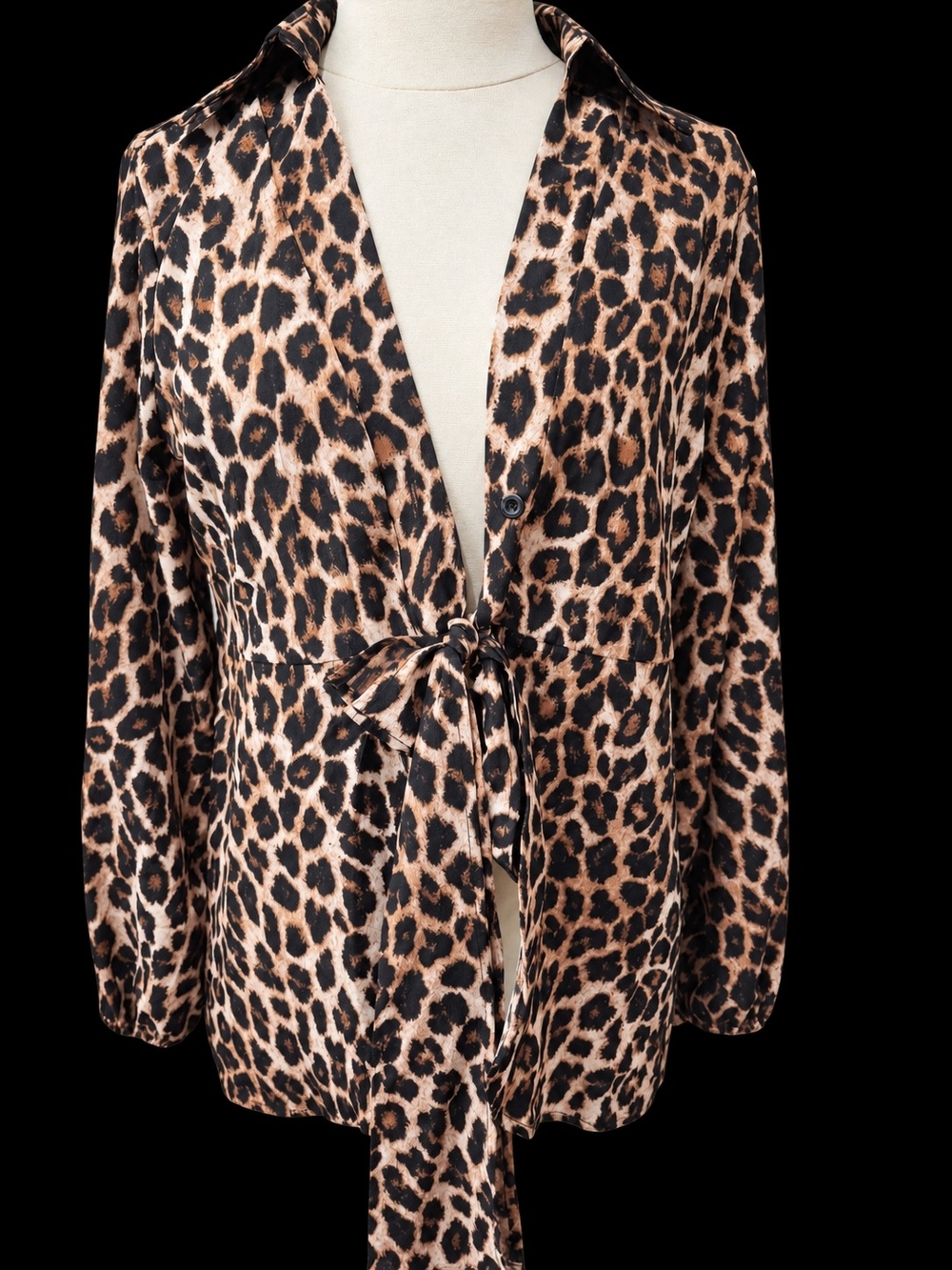 Allegra K Leopard-Print Satin Tie-Front Robe Jacket - Black, Brown, Cream